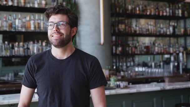 Hombre Propietario Bar Restaurante Pie Junto Contador Sonriendo Mirando Con — Vídeos de Stock