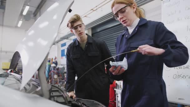 Mężczyzna Kobieta Studenci Sprawdzanie Poziomu Oleju Silniku Samochodowym Auto Mechanika — Wideo stockowe