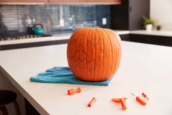 Pumpkin Kitchen Table Ready Carved Halloween Lantern — Stock Photo, Image