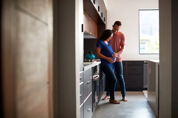 Loving Hispanic Husband Pregnant Wife Home Kitchen Together — Stock Photo, Image