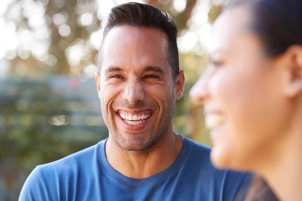 Smiling Hispanic Couple Talking Laughing Garden Home — Stock Photo, Image