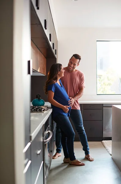 Loving Hispanic Husband Pregnant Wife Home Kitchen Together — Stock Photo, Image