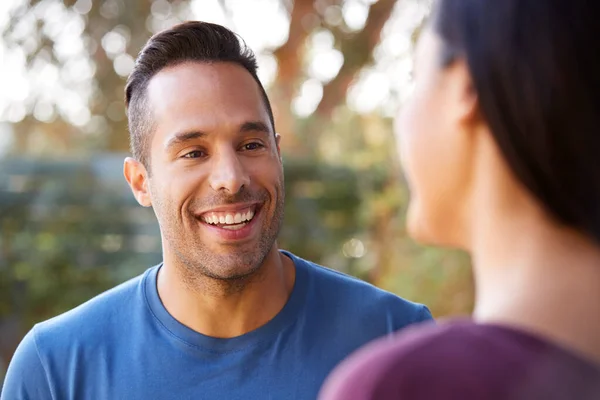 Smiling Hispanic Couple Talking Laughing Garden Home — Stock Photo, Image