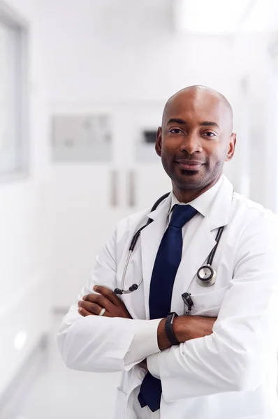 Porträt Eines Reifen Männlichen Arztes Mit Weißem Mantel Krankenhausflur — Stockfoto