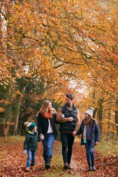 Família Andando Braço Braço Longo Outono Woodland Caminho Juntos — Fotografia de Stock