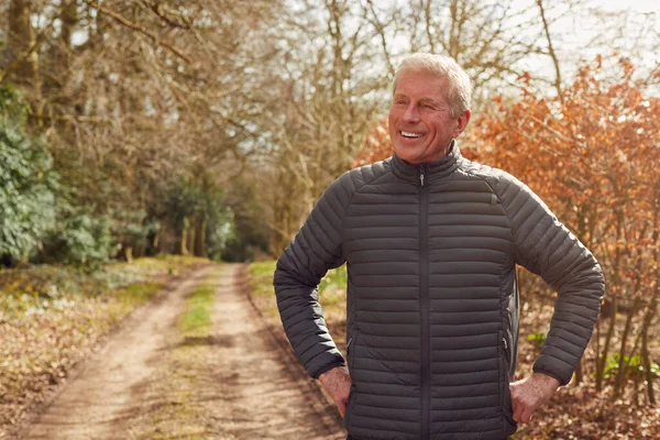 Sorrindo Homem Sênior Caminhada Campo Outono Exercício Durante Covid Lockdown — Fotografia de Stock