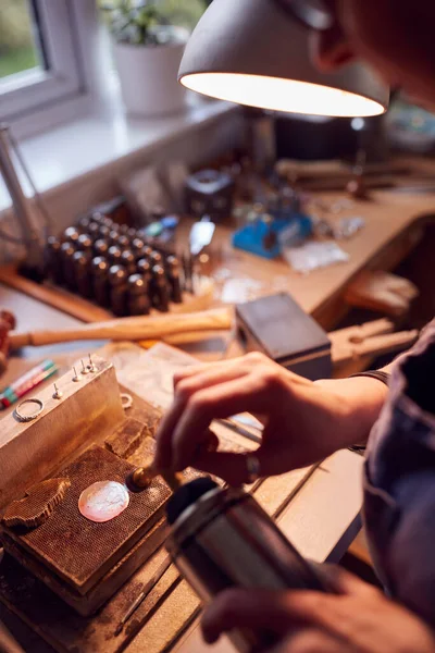 Close Male Jeweller Working Brooch Blowtorch Studio — Stock fotografie