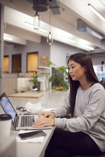 Geschäftsfrau Arbeitet Laptop Der Küche Des Modernen Büros — Stockfoto