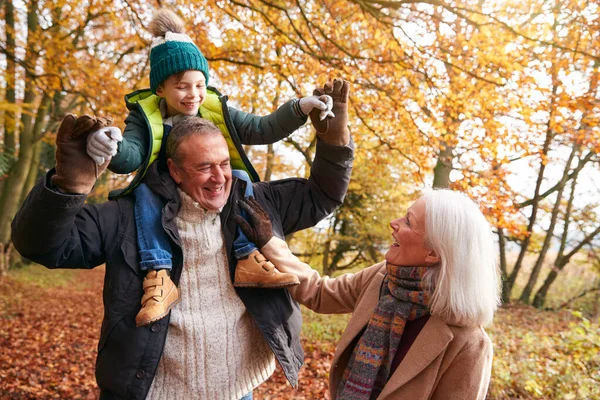 Prarodiče Vnukem Užívají Procházku Podzimní Lesní Cestou — Stock fotografie
