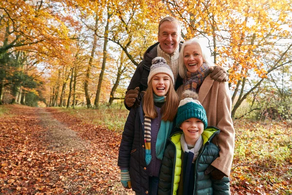 Porträtt Morföräldrar Med Barnbarn Som Njuter Promenader Längs Höstens Skogsväg — Stockfoto