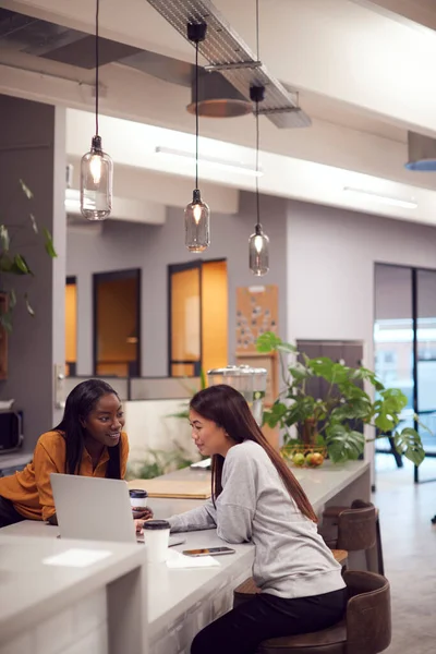 Zwei Junge Geschäftsfrauen Arbeiten Laptop Der Küche Eines Modernen Büros — Stockfoto