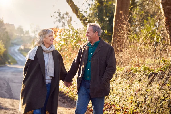 Pensionerad Senior Par Njuter Vintern Promenad Genom Byn Landet Tillsammans — Stockfoto