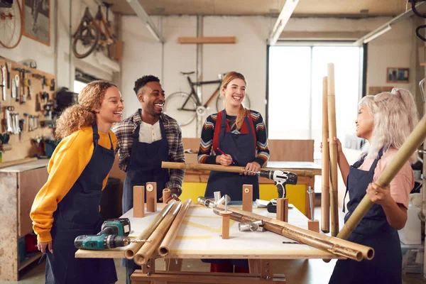 Multi Cultural Team Workshop Assembling Hand Built Sustainable Bamboo Bicycle — Stock Photo, Image