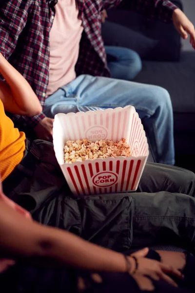 Close Gay Friends Sitting Sofa Home Eating Popcorn Watching Together — Stock Photo, Image