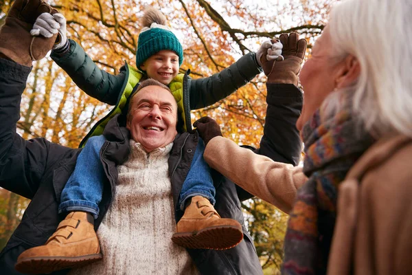 Großeltern Mit Enkel Genießen Gemeinsamen Spaziergang Auf Herbstwaldpfad — Stockfoto