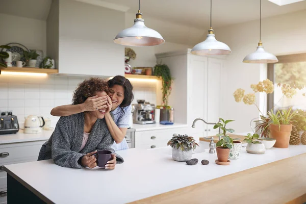 Mujer Madura Usando Pijamas Sorprendiendo Pareja Del Mismo Sexo Cocina — Foto de Stock