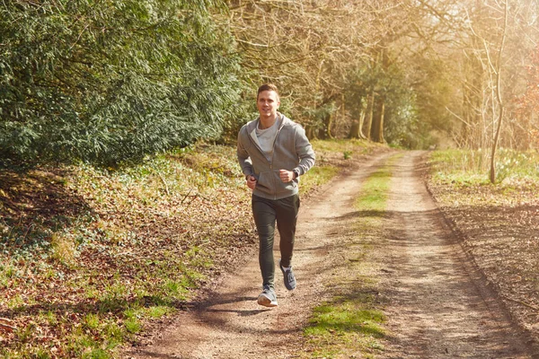 Smiling Man Running Autumn Countryside Exercising Covid Lockdown — Stock Photo, Image