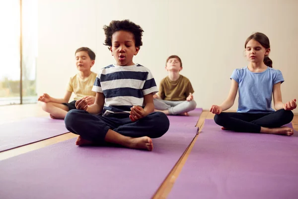 Grupo Niños Sentados Colchonetas Ejercicio Meditando Estudio Yoga — Foto de Stock