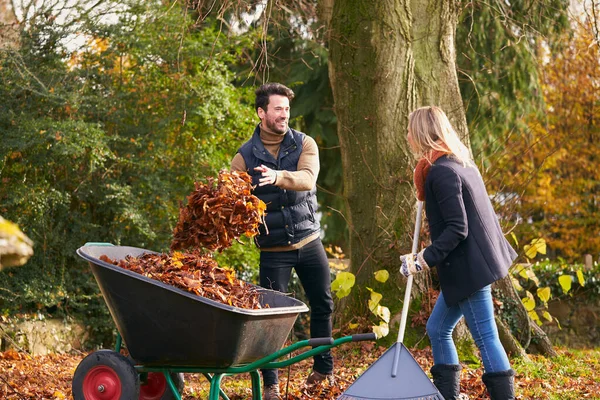 Couple Raking Autumn Leaves Putting Wheelbarrow Garden — Stock Photo, Image