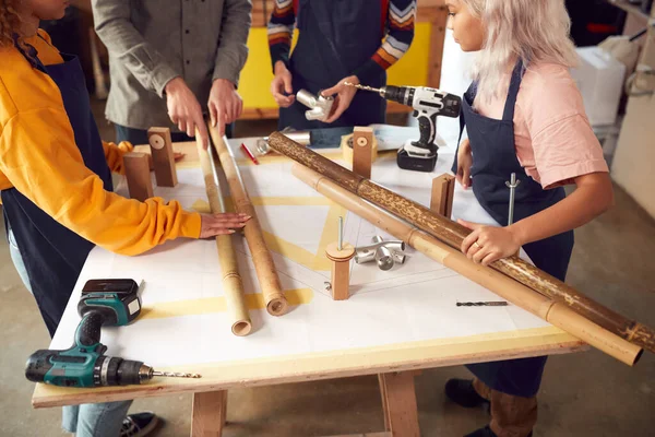 Close Team Workshop Assembling Hand Built Sustainable Bamboo Bicycle Frame — Stock Photo, Image