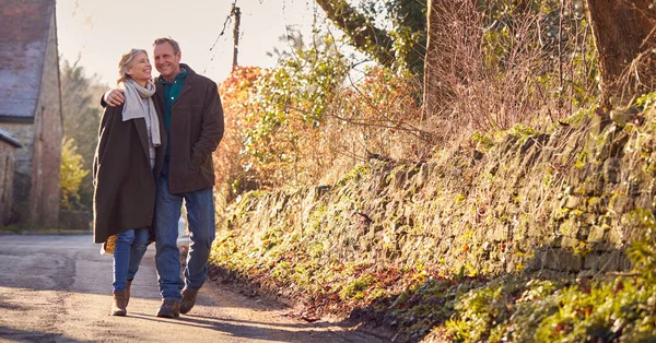 田舎の村を冬の散歩を楽しむ高齢者のカップルが一緒に — ストック写真