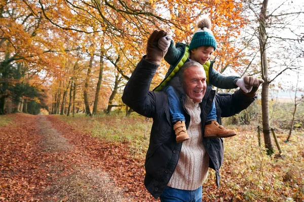 Grootvader Geeft Grandson Ride Shoulders Als Wandelen Langs Herfst Woodland — Stockfoto