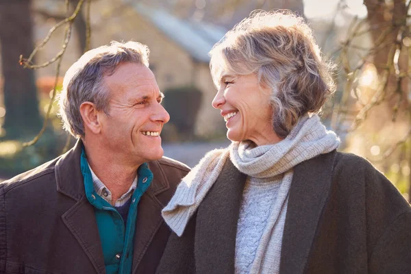 Retrato Una Pareja Jubilada Disfrutando Paseo Invierno Por Aldea Campo —  Fotos de Stock