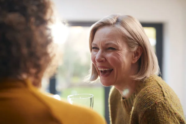 Twee Volwassen Vrouwelijke Vrienden Vergadering Thuis Praten Wijn Drinken Samen — Stockfoto