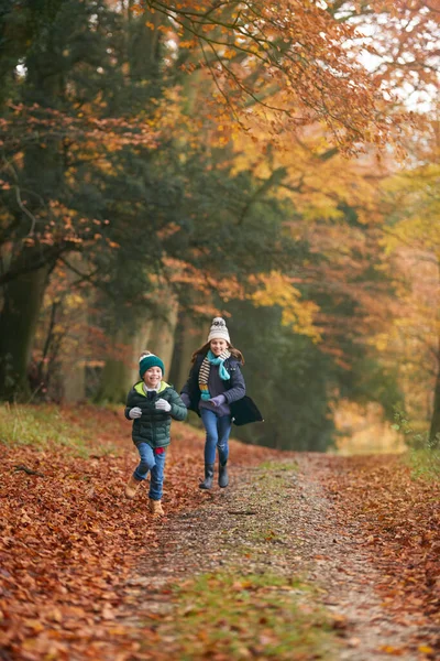 Dos Niños Sonrientes Que Divierten Corriendo Largo Del Camino Través — Foto de Stock