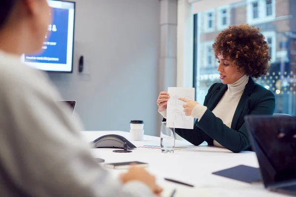 Diseñador Moda Afroamericano Sentado Mesa Sala Reuniones Oficina Presentando Diseños — Foto de Stock