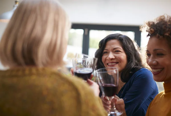 自宅で会う熟女友達のグループで一緒に話をし ワインを飲む — ストック写真