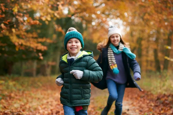 Dos Niños Sonrientes Que Divierten Corriendo Largo Del Camino Través — Foto de Stock