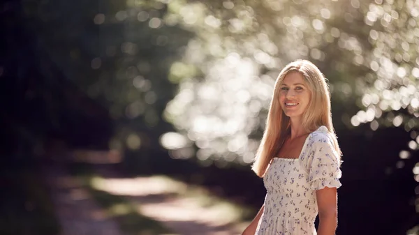 Portrait Smiling Woman Wearing Summer Dress Walking Countryside Path Royalty Free Stock Images