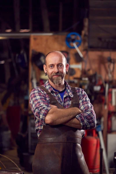 Portrait Mature Male Blacksmith Standing Forge Folded Arms — Stock Photo, Image