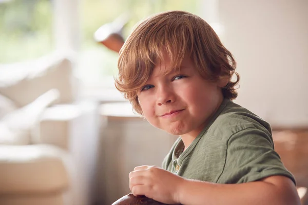 Portrét Usmívajícího Mladého Chlapce Relaxujícího Pohovce Doma — Stock fotografie