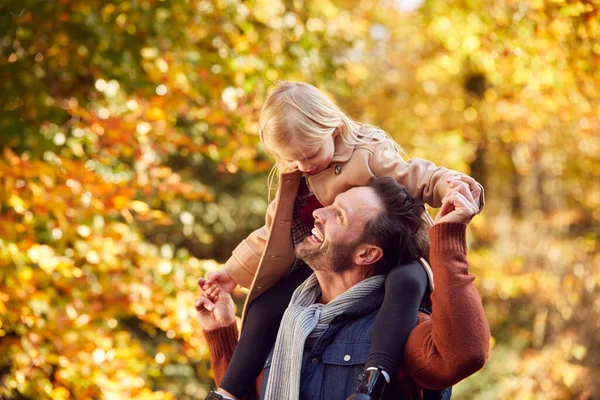 在秋天的乡间小径上 父亲背着女儿在肩上玩耍游戏 — 图库照片
