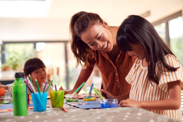 Asian Mother Children Having Fun Children Doing Craft Table Home — Stock Photo, Image