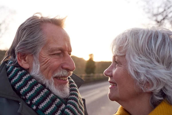 Ritratto Amorevole Coppia Anziana Godendo Autunno Inverno Passeggiata Lungo Strada — Foto Stock