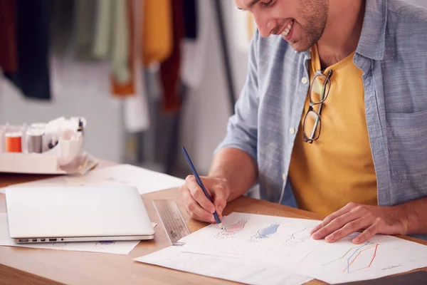 Close Male Student Business Owner Working Fashion Sketching Designs Studio — Stock Photo, Image