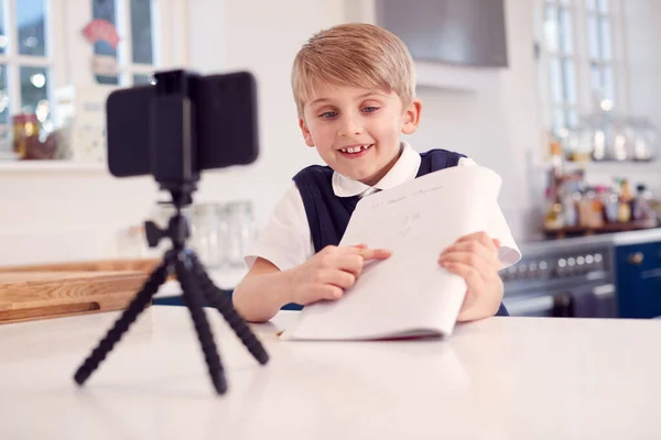 Boy Home Wearing School Uniform Having Online Lesson Video Call — Stock Photo, Image