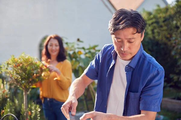 Close Mature Asian Couple Work Watering Caring Plants Garden Home — Stock Photo, Image