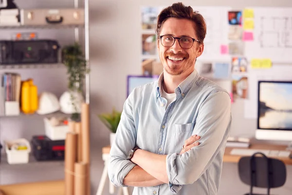 Portrait Smiling Male Architect Office Standing Desk — Φωτογραφία Αρχείου