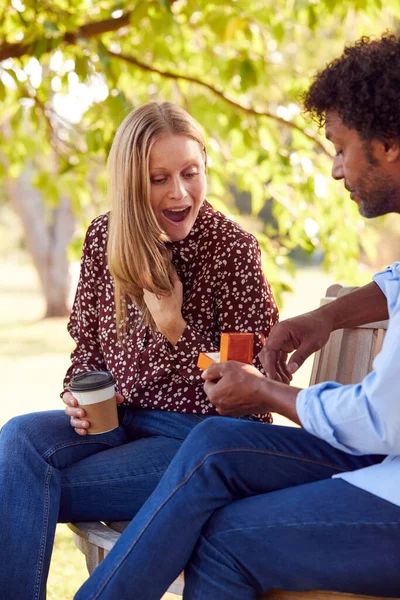 Romantic Mature Man Proposing Surprised Woman Sitting Park Bench Engagement — Stock Photo, Image