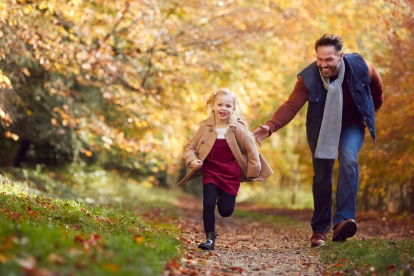 Father Daughter Family Walk Track Autumn Countryside Girl Running Ahead — Stock Photo, Image