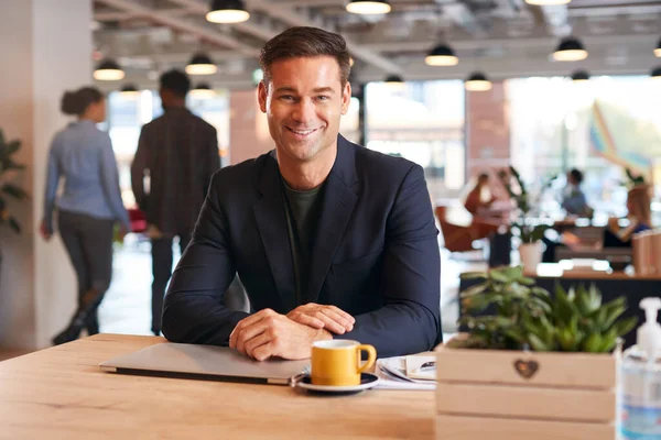 Portrait Smiling Businessman Sitting Desk Laptop Modern Open Plan Office — Stock Photo, Image