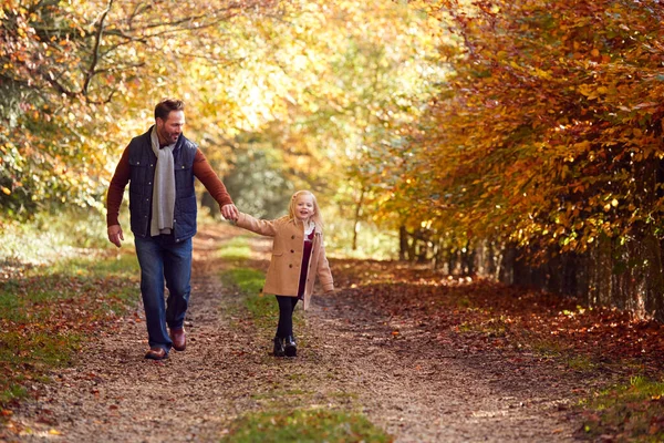 Father Daughter Holding Hands Family Walk Track Autumn Countryside — Φωτογραφία Αρχείου