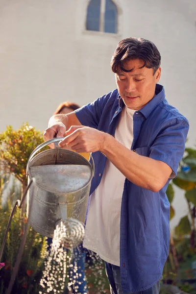 Mature Asian Couple Work Watering Caring Plants Garden Home — Stock Photo, Image