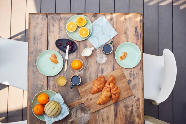 Overhead Shot Von Tisch Set Für Das Frühstück Freien Auf — Stockfoto