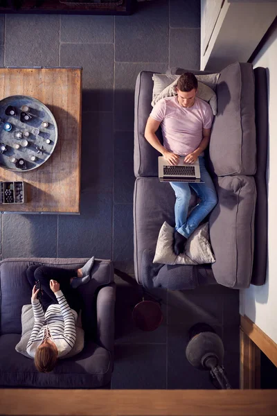 Overhead View Couple Relaxing Lounge Sofa Home Watching Working Laptop — Stock Photo, Image