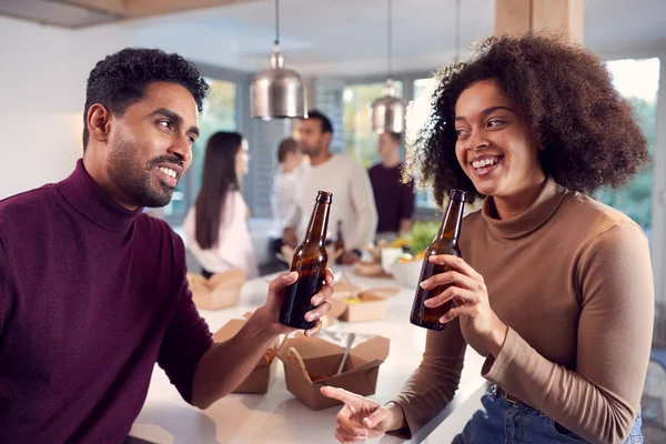 Group Multi Cultural Friends Enjoying Drinks Party Takeaway Food Home — Stock Photo, Image